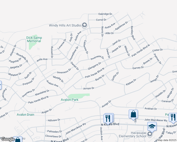map of restaurants, bars, coffee shops, grocery stores, and more near 2686 Glengarry Drive in Lake Havasu City