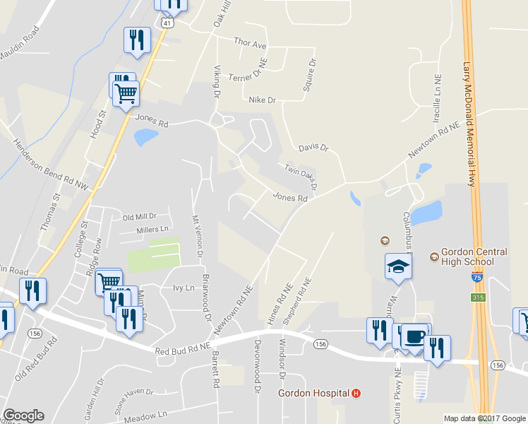 map of restaurants, bars, coffee shops, grocery stores, and more near 211 Westwood Drive in Calhoun