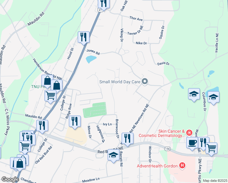map of restaurants, bars, coffee shops, grocery stores, and more near 333 Mount Vernon Drive in Calhoun