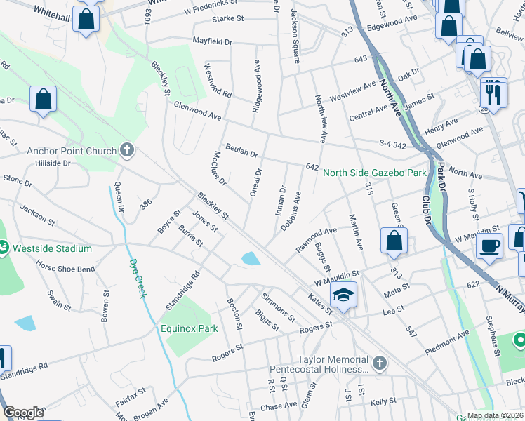 map of restaurants, bars, coffee shops, grocery stores, and more near 301 Oneal Drive in Anderson