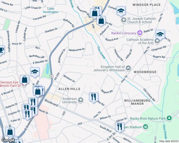 map of restaurants, bars, coffee shops, grocery stores, and more near 1205 Echo Hollow Road in Anderson
