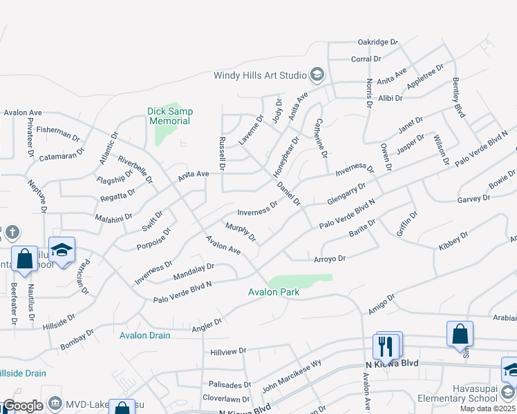 map of restaurants, bars, coffee shops, grocery stores, and more near 2549 Inverness Drive in Lake Havasu City
