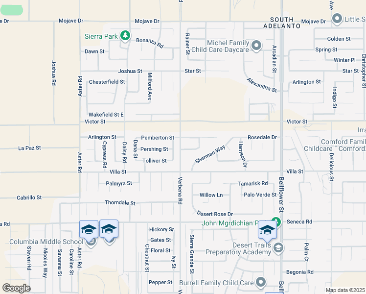 map of restaurants, bars, coffee shops, grocery stores, and more near 10912 Pershing Drive in Adelanto