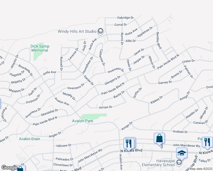 map of restaurants, bars, coffee shops, grocery stores, and more near 2692 Glengarry Drive in Lake Havasu City