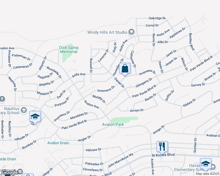 map of restaurants, bars, coffee shops, grocery stores, and more near 2565 Inverness Drive in Lake Havasu City