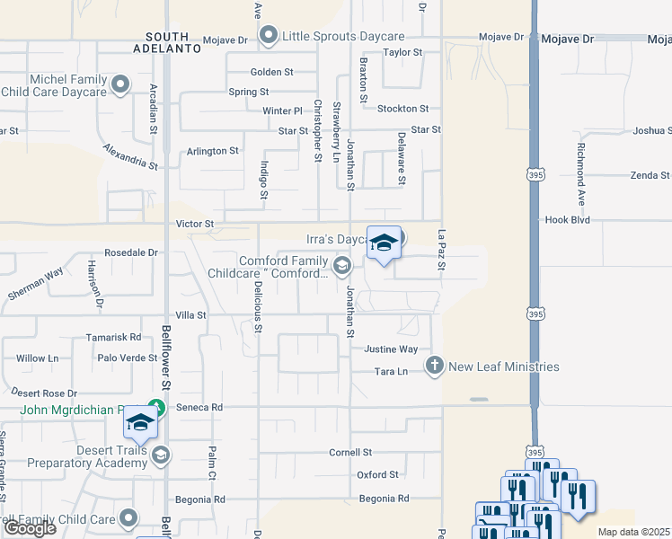map of restaurants, bars, coffee shops, grocery stores, and more near La Paz Street in Adelanto