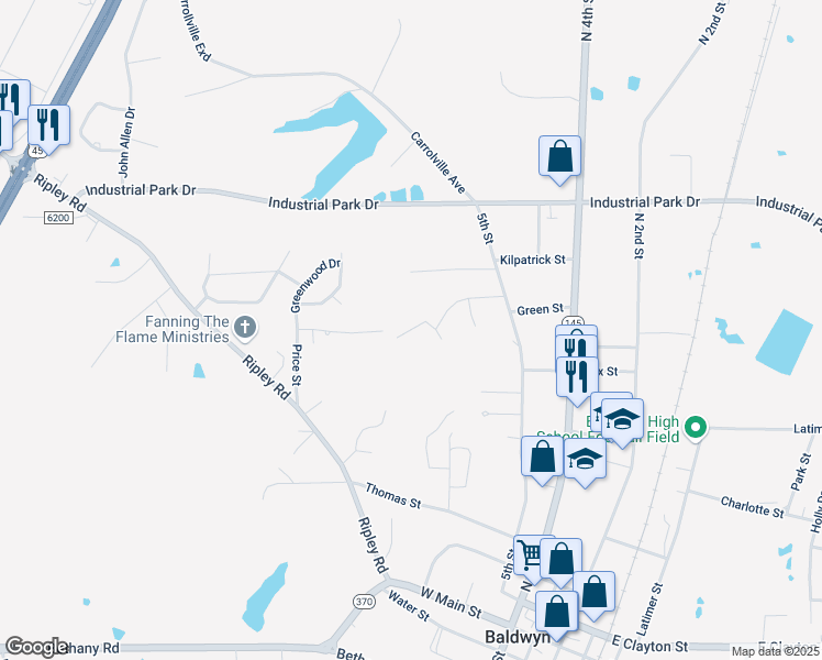 map of restaurants, bars, coffee shops, grocery stores, and more near Beechwood Lane in Baldwyn