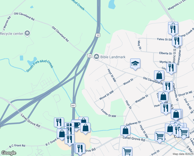map of restaurants, bars, coffee shops, grocery stores, and more near 233 Wildwood Road in Cornelia