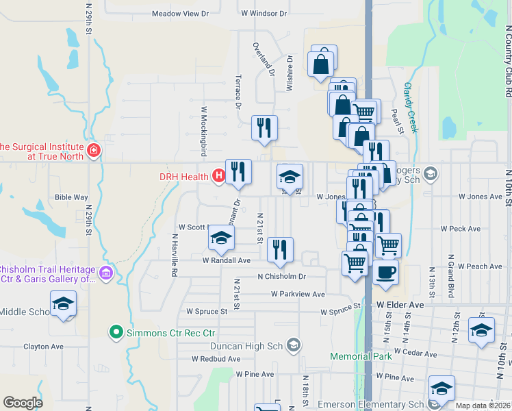 map of restaurants, bars, coffee shops, grocery stores, and more near 1313 North 21st Street in Duncan