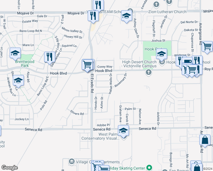 map of restaurants, bars, coffee shops, grocery stores, and more near 14600 Rosemary Drive in Victorville