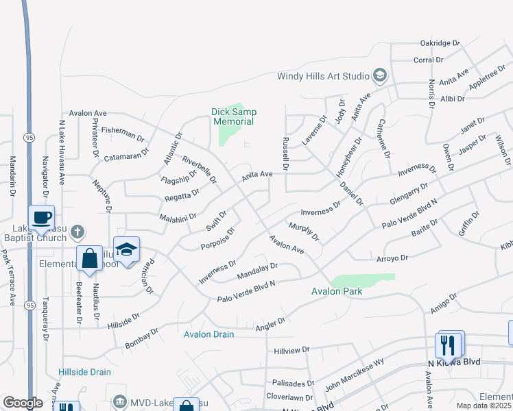 map of restaurants, bars, coffee shops, grocery stores, and more near 1512 Avalon Avenue in Lake Havasu City