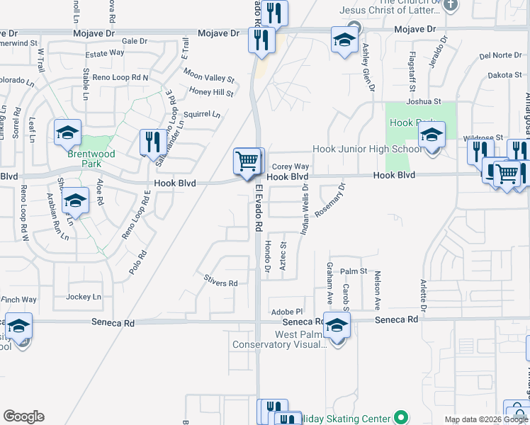 map of restaurants, bars, coffee shops, grocery stores, and more near 14800 Cheyenne Place in Victorville