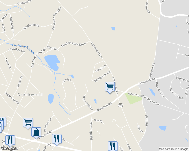 map of restaurants, bars, coffee shops, grocery stores, and more near 201 Springside Circle in Anderson