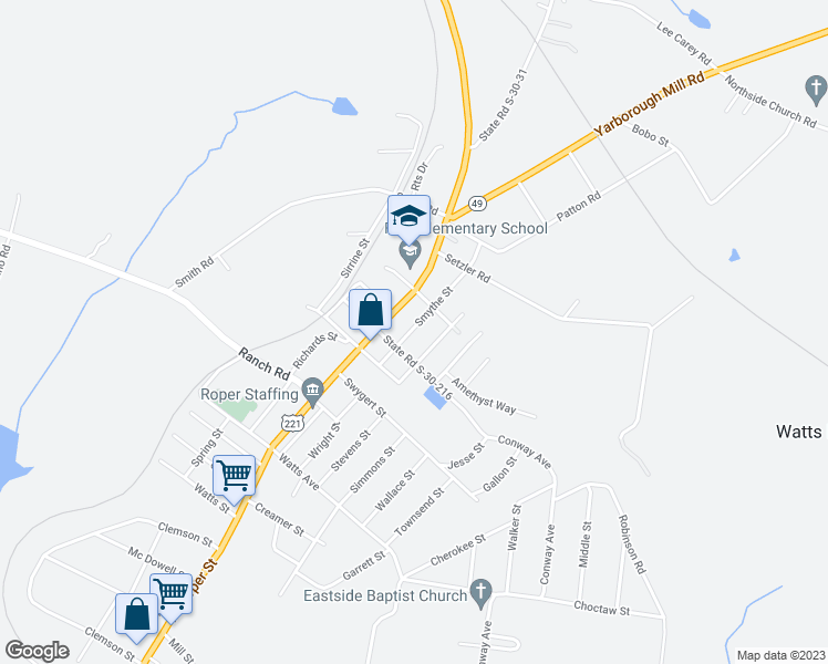 map of restaurants, bars, coffee shops, grocery stores, and more near 15 Smythe Street in Laurens