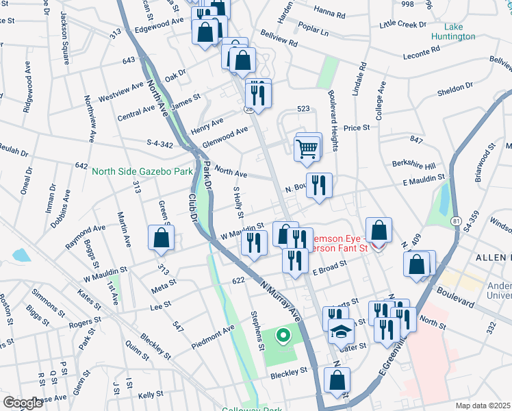 map of restaurants, bars, coffee shops, grocery stores, and more near 114 Anderson Avenue in Anderson