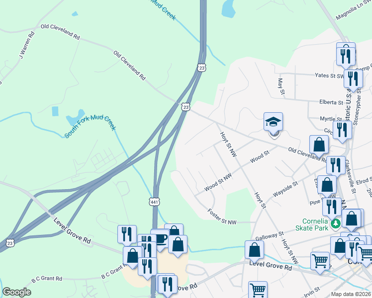 map of restaurants, bars, coffee shops, grocery stores, and more near 252 Crabapple Lane in Cornelia