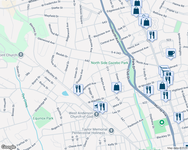 map of restaurants, bars, coffee shops, grocery stores, and more near 705 Blair Street in Anderson
