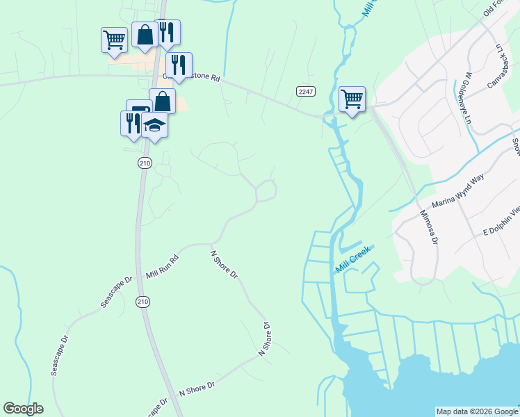 map of restaurants, bars, coffee shops, grocery stores, and more near 1008 Mill Run Road in Sneads Ferry