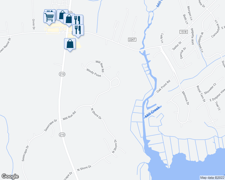 map of restaurants, bars, coffee shops, grocery stores, and more near 1008 Mill Run Road in Sneads Ferry