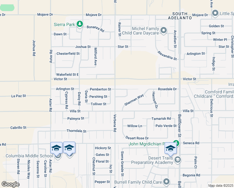 map of restaurants, bars, coffee shops, grocery stores, and more near 10912 Pershing Drive in Adelanto