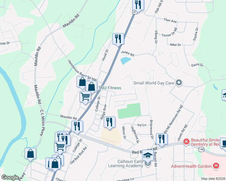 map of restaurants, bars, coffee shops, grocery stores, and more near 102 Old Mill Drive in Calhoun
