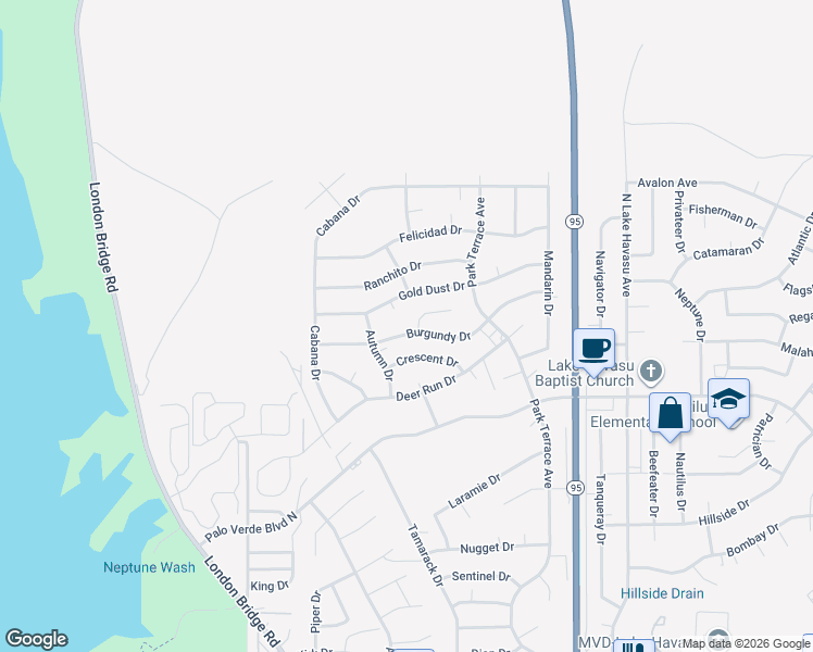 map of restaurants, bars, coffee shops, grocery stores, and more near 1969 Burgundy Lane in Lake Havasu City