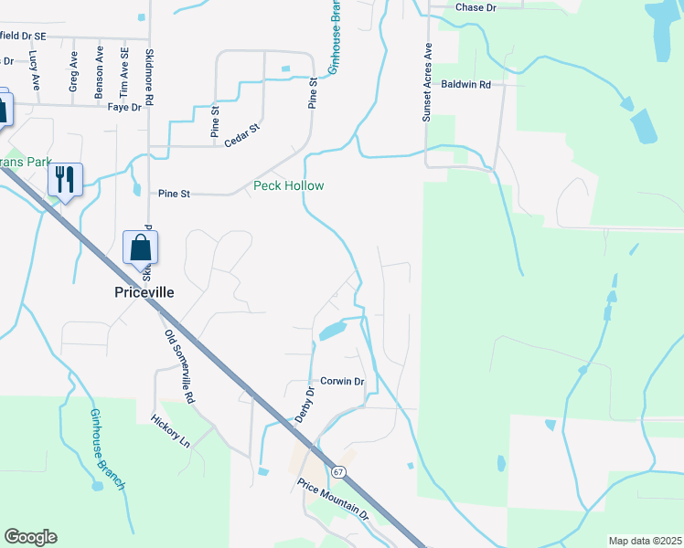 map of restaurants, bars, coffee shops, grocery stores, and more near 250 Derby Drive in Decatur