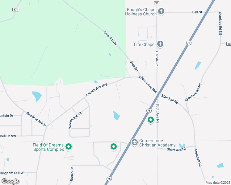 map of restaurants, bars, coffee shops, grocery stores, and more near 64 North Avenue Northwest in Rainsville