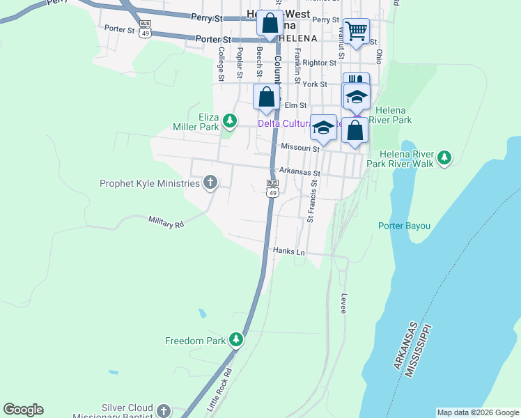 map of restaurants, bars, coffee shops, grocery stores, and more near 409 Biscoe Street in Helena-West Helena