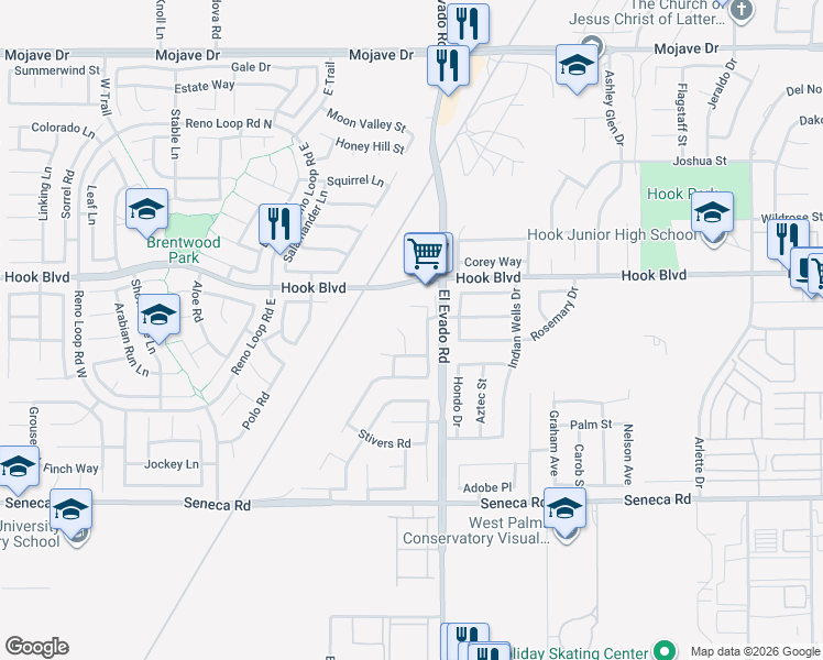map of restaurants, bars, coffee shops, grocery stores, and more near 14801 Hidden Rock Court in Victorville
