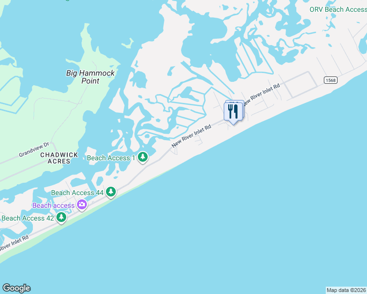 map of restaurants, bars, coffee shops, grocery stores, and more near 1896 New River Inlet Road in North Topsail Beach