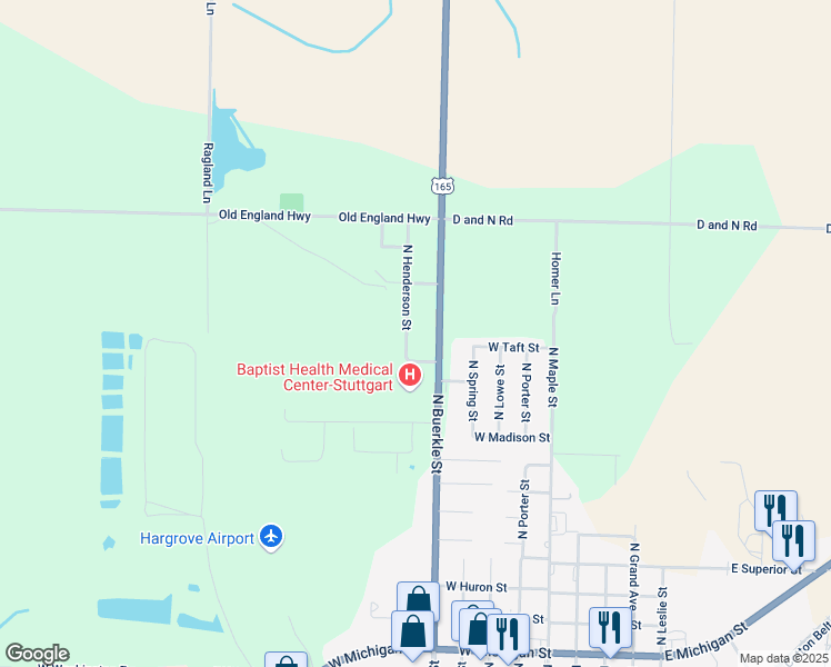 map of restaurants, bars, coffee shops, grocery stores, and more near 1818 North Henderson Street in Stuttgart