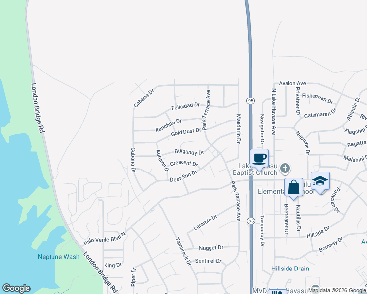map of restaurants, bars, coffee shops, grocery stores, and more near 1969 Burgundy Lane in Lake Havasu City