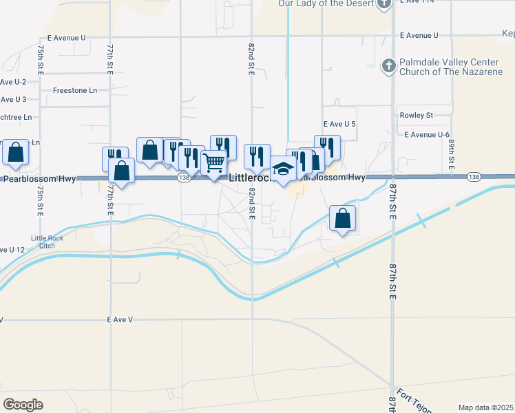 map of restaurants, bars, coffee shops, grocery stores, and more near 35114 82nd Street East in Littlerock