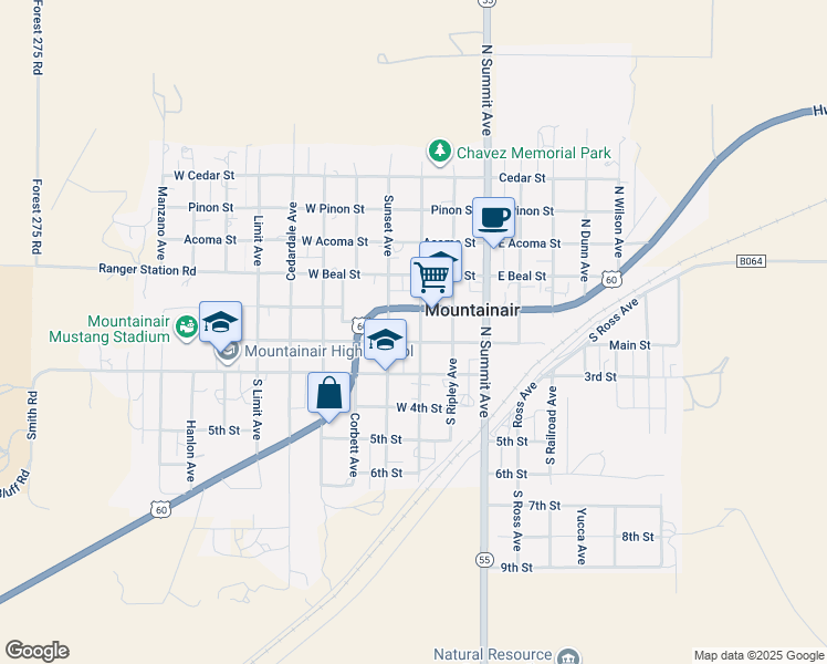 map of restaurants, bars, coffee shops, grocery stores, and more near 108 South Roosevelt Avenue in Mountainair