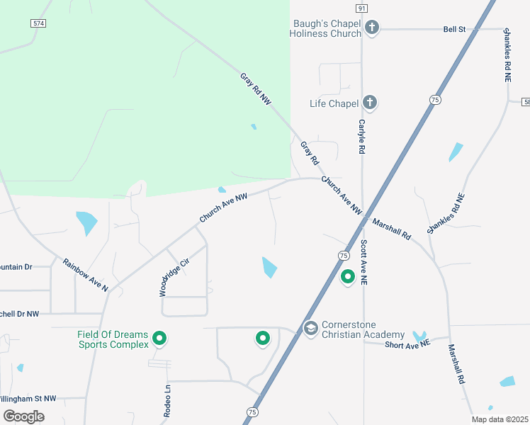 map of restaurants, bars, coffee shops, grocery stores, and more near 64 North Avenue Northwest in Rainsville