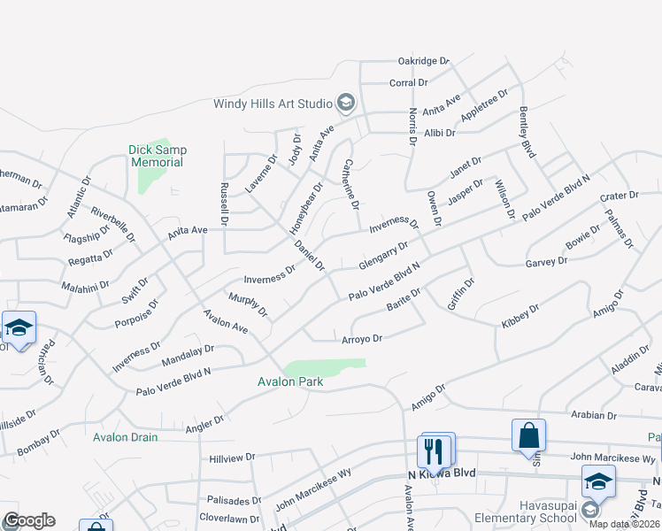 map of restaurants, bars, coffee shops, grocery stores, and more near 1440 Daniel Dr in Lake Havasu City