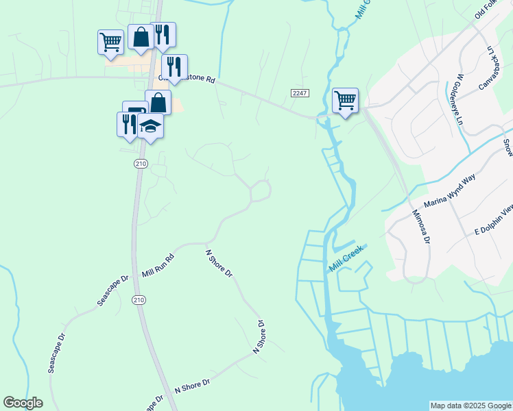 map of restaurants, bars, coffee shops, grocery stores, and more near 100 Rollingwood Circle in Sneads Ferry
