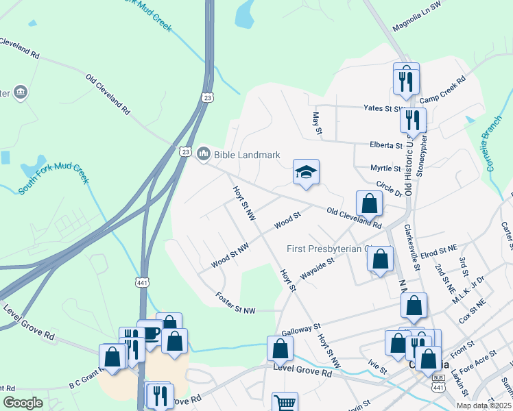 map of restaurants, bars, coffee shops, grocery stores, and more near 135 Henderson Street in Cornelia