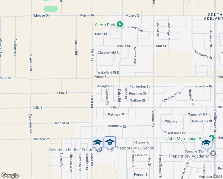 map of restaurants, bars, coffee shops, grocery stores, and more near 14820 Redwood Street in Adelanto