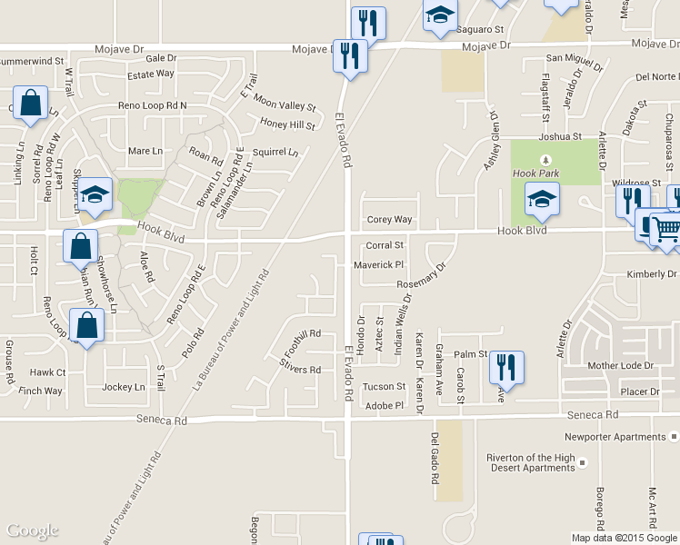 map of restaurants, bars, coffee shops, grocery stores, and more near 14800 Cheyenne Place in Victorville