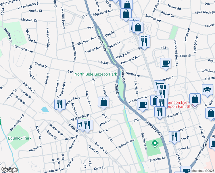 map of restaurants, bars, coffee shops, grocery stores, and more near 406 Pine Hill Lane in Anderson