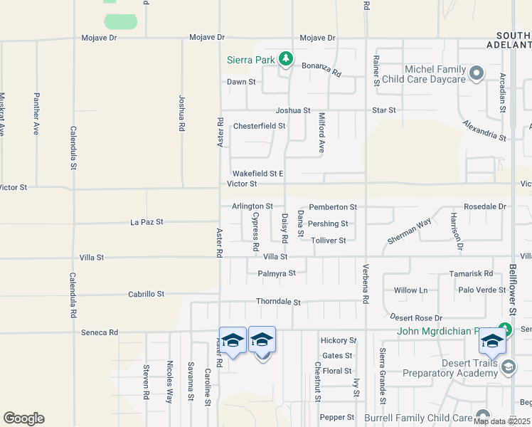 map of restaurants, bars, coffee shops, grocery stores, and more near 14820 Redwood Street in Adelanto