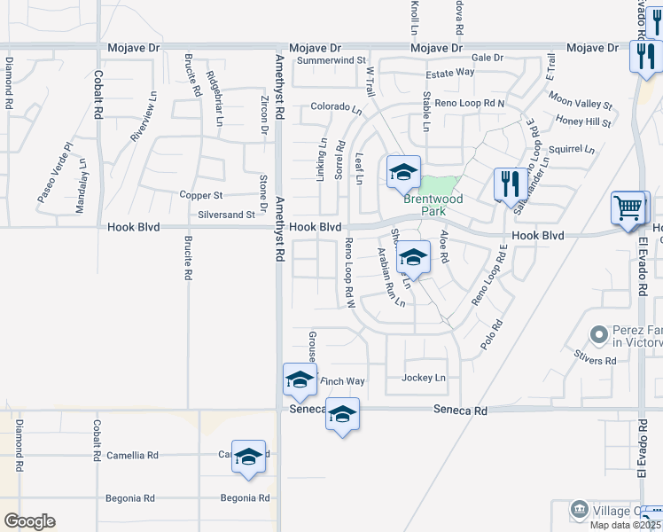 map of restaurants, bars, coffee shops, grocery stores, and more near 14820 Coachman Road in Victorville