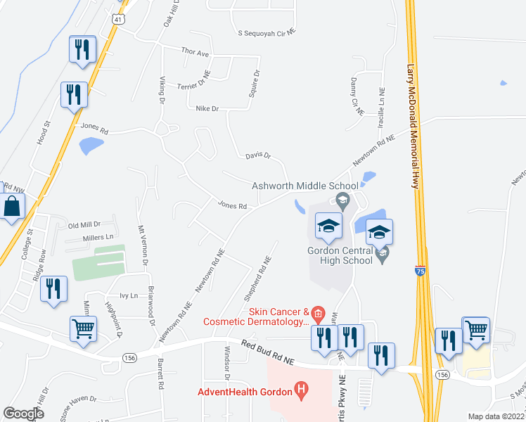 map of restaurants, bars, coffee shops, grocery stores, and more near 136 Newtown Road Northeast in Calhoun