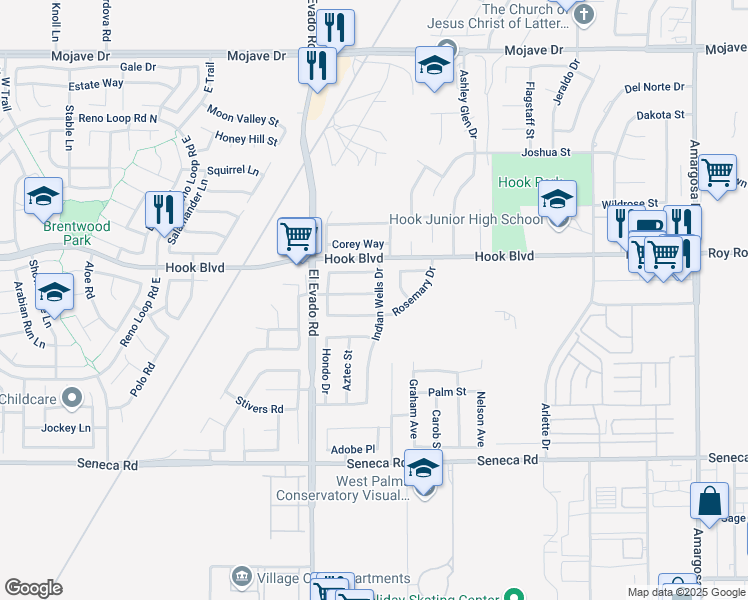 map of restaurants, bars, coffee shops, grocery stores, and more near 14619 Maverick Place in Victorville