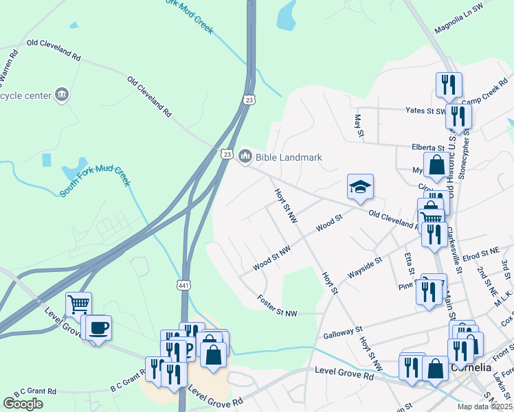 map of restaurants, bars, coffee shops, grocery stores, and more near 233 Wildwood Road in Cornelia