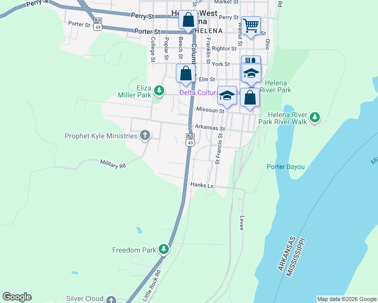 map of restaurants, bars, coffee shops, grocery stores, and more near 409 Biscoe Street in Helena-West Helena