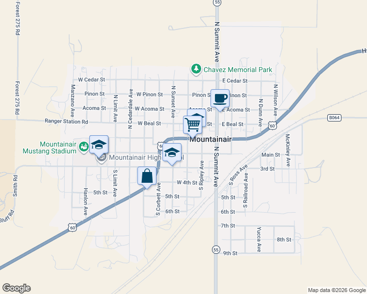 map of restaurants, bars, coffee shops, grocery stores, and more near 108 South Roosevelt Avenue in Mountainair