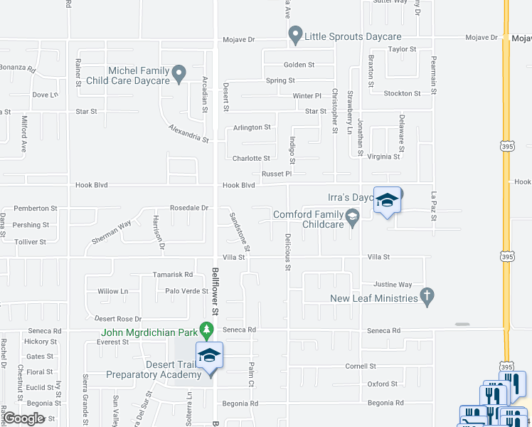 map of restaurants, bars, coffee shops, grocery stores, and more near 14824 Iris Street in Adelanto
